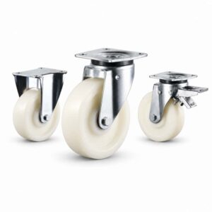 three casters with white wheel in top-plate rigid, swivel and swivel with brake configurations and silver color metal bracket.