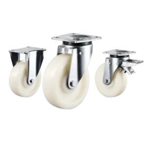 heavy-duty european style casters with white wheels in top-plate rigid, swivel and swivel with brake configurations.