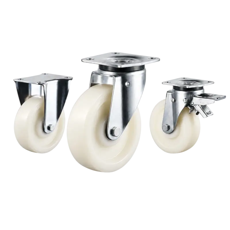 heavy-duty european style casters with white wheels in top-plate rigid, swivel and swivel with brake configurations.
