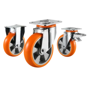 heavy-duty european style casters with orange PU tread on aluminum core wheels in top-plate rigid, swivel and swivel with brake configurations.