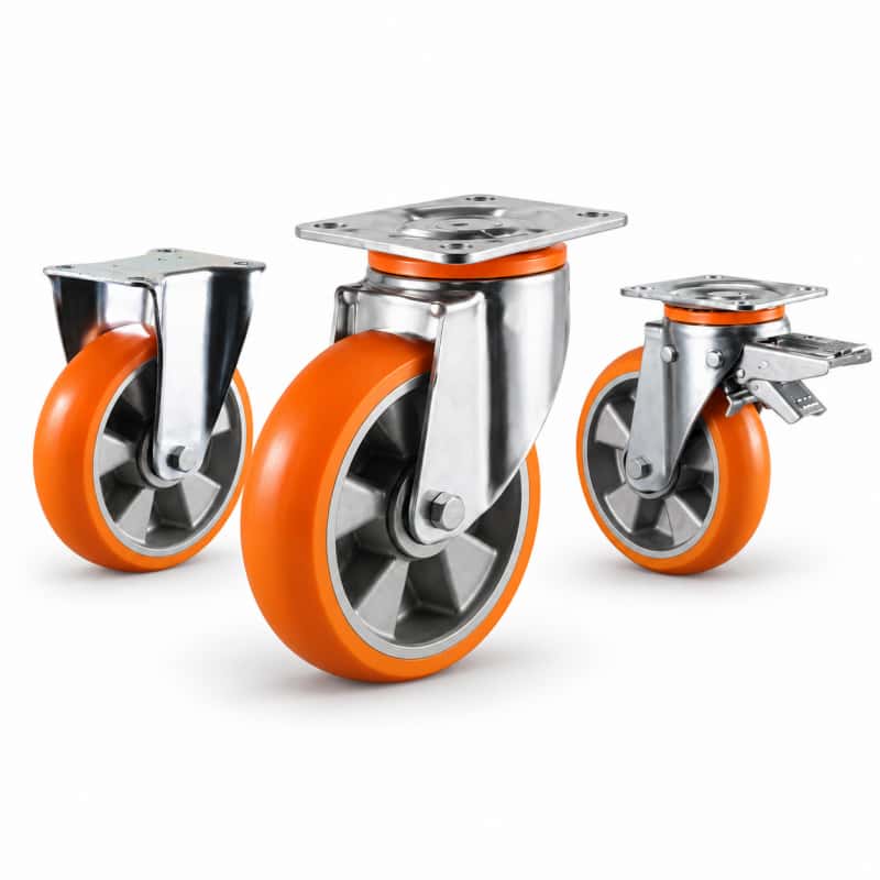 three casters with orange tread silver core wheel in top-plate rigid, swivel and swivel with brake configurations and silver color metal bracket.
