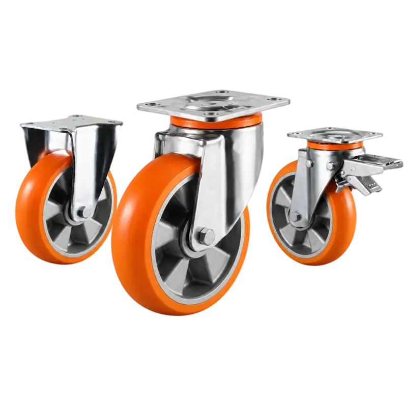 heavy-duty european style casters with orange PU tread on aluminum core wheels in top-plate rigid, swivel and swivel with brake configurations.