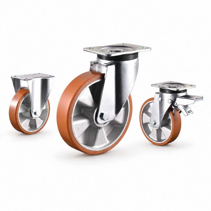 three casters with orange tread silver core wheel in top-plate rigid, swivel and swivel with brake configurations and silver color metal bracket.