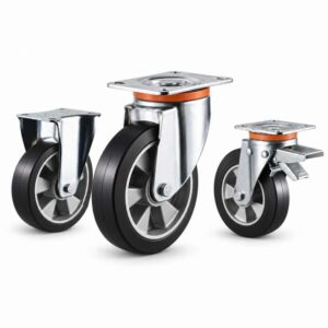 three casters with black tread silver core wheel in top-plate rigid, swivel and swivel with brake configurations and silver color metal bracket.