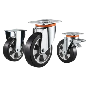 heavy-duty european style casters with black rubber tread on aluminum core wheels in top-plate rigid, swivel and swivel with brake configurations.