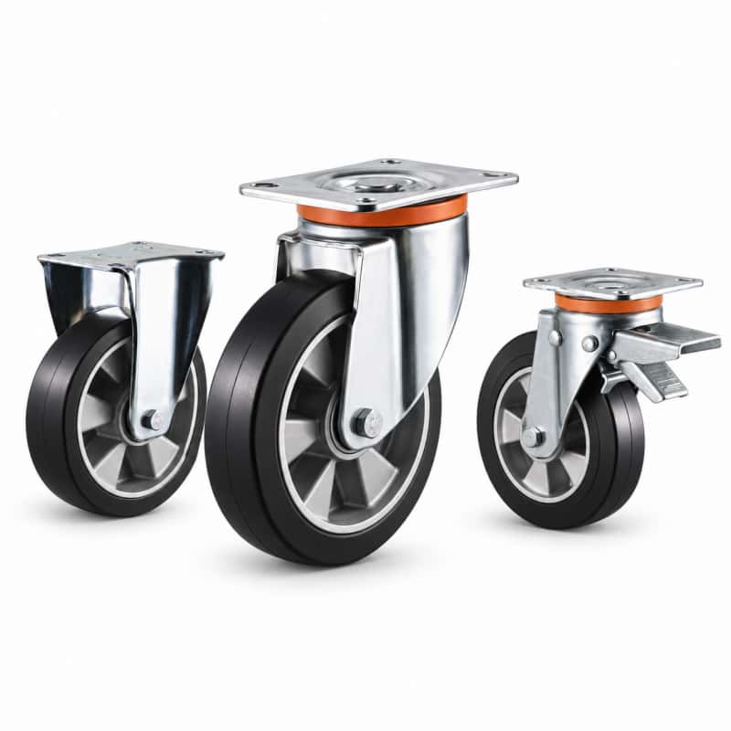 three casters with black tread silver core wheel in top-plate rigid, swivel and swivel with brake configurations and silver color metal bracket.