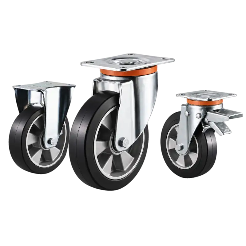 heavy-duty european style casters with black rubber tread on aluminum core wheels in top-plate rigid, swivel and swivel with brake configurations.