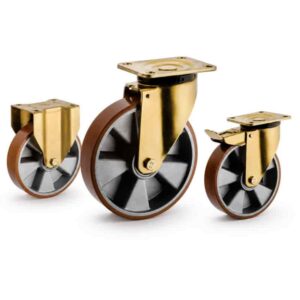 three casters with brown tread silver core wheel in top-plate rigid, swivel and swivel with brake configurations and golden color metal bracket.