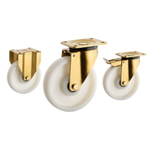 three casters with white wheel in top-plate rigid, swivel and swivel with brake configurations and golden color metal bracket.