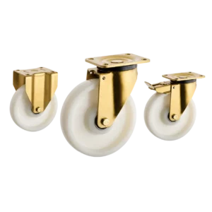 heavy-duty european style casters with golden color bracket and white wheels in top-plate rigid, swivel and swivel with brake configurations.