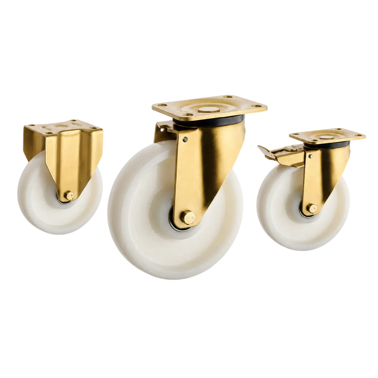 heavy-duty european style casters with golden color bracket and white wheels in top-plate rigid, swivel and swivel with brake configurations.