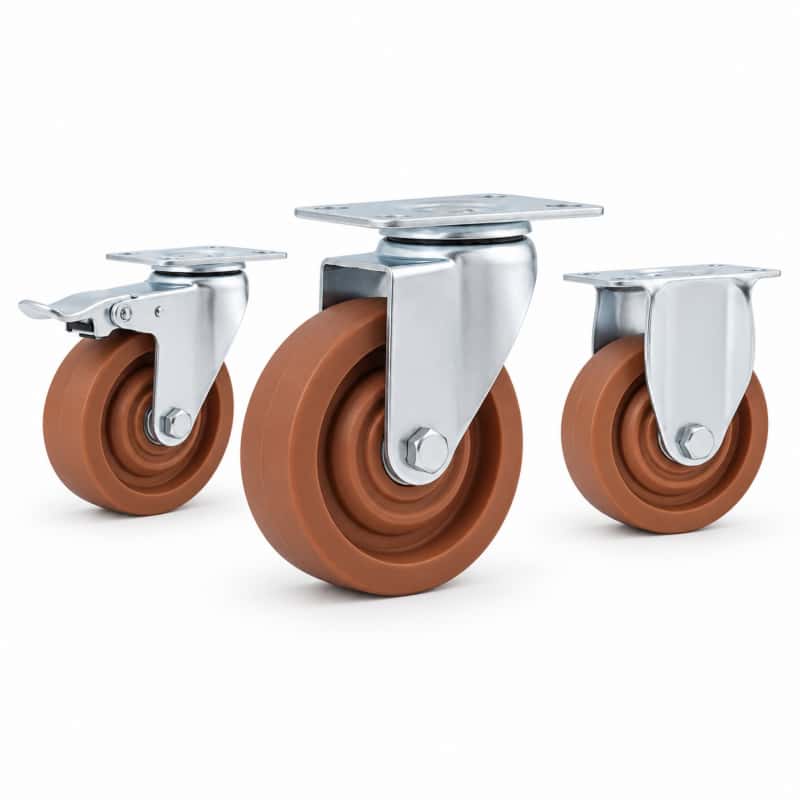 three casters with brown wheel in top-plate rigid, swivel and swivel with brake configurations and silver color metal bracket.