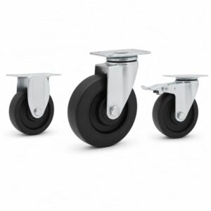 three casters with black wheel in top-plate rigid, swivel and swivel with brake configurations and silver color metal bracket.