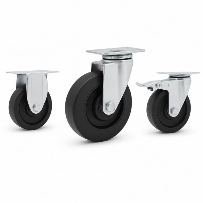 three casters with black wheel in top-plate rigid, swivel and swivel with brake configurations and silver color metal bracket.