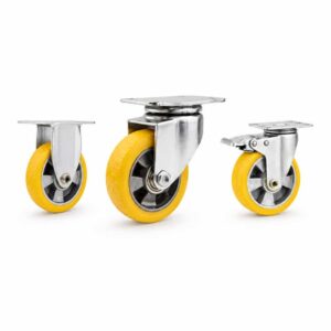 three casters with yellow tread silver core wheel in top-plate rigid, swivel and swivel with brake configurations and silver color metal bracket.