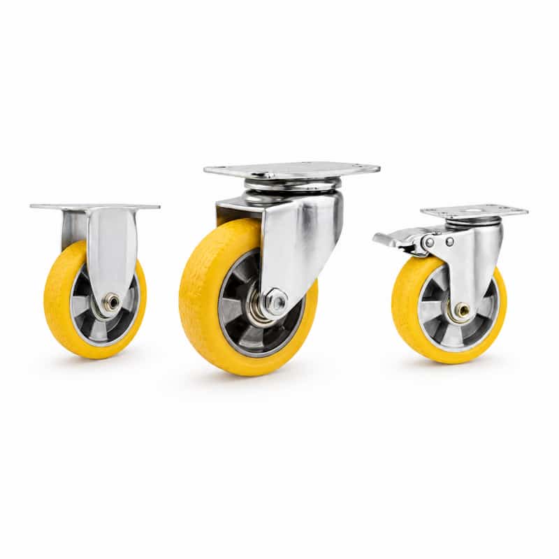 three casters with yellow tread silver core wheel in top-plate rigid, swivel and swivel with brake configurations and silver color metal bracket.