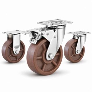 three heavy-duty casters with brown wheel in top-plate rigid, swivel and swivel with brake configurations and silver color metal bracket.