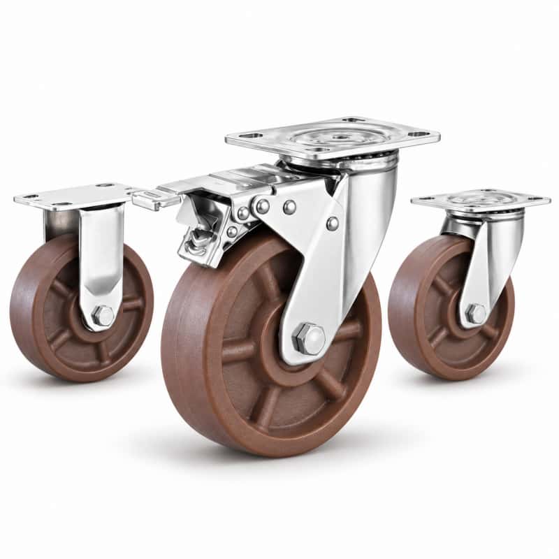 three heavy-duty casters with brown wheel in top-plate rigid, swivel and swivel with brake configurations and silver color metal bracket.