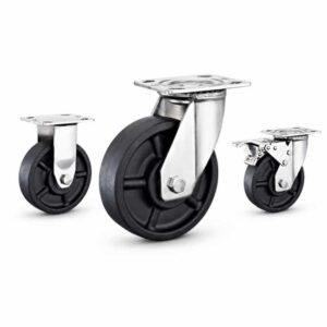 three casters with black wheel in top-plate rigid, swivel and swivel with brake configurations and silver color metal bracket.