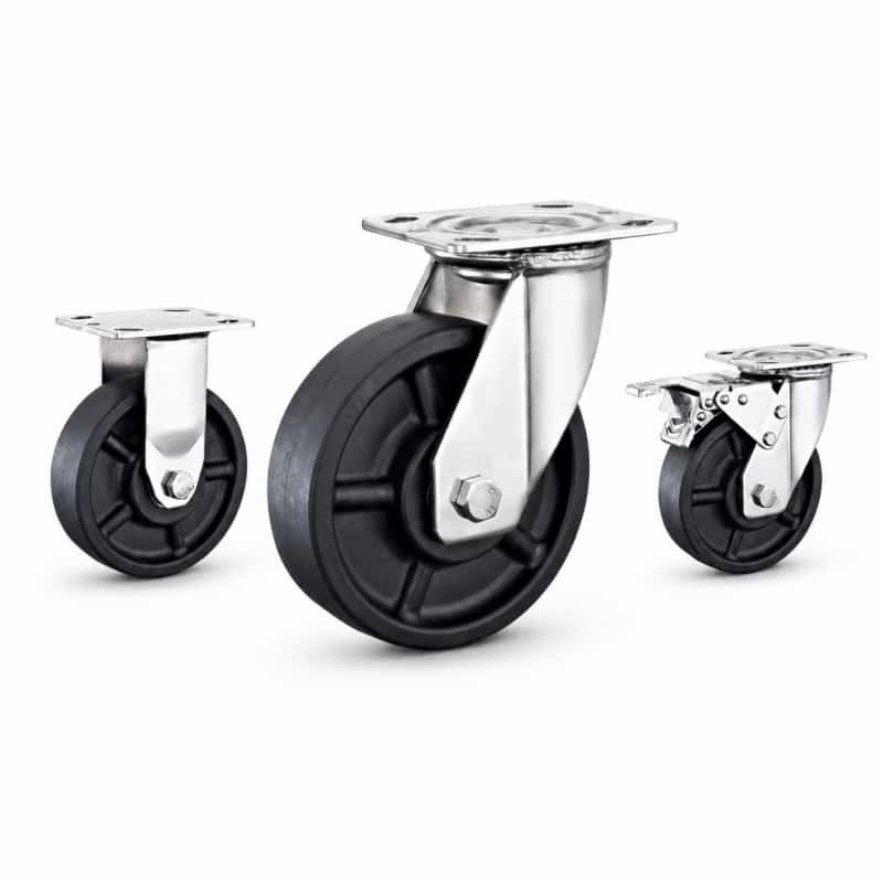 three casters with black wheel in top-plate rigid, swivel and swivel with brake configurations and silver color metal bracket.