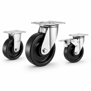 three casters with black wheel in top-plate rigid, swivel and swivel with brake configurations and silver color metal bracket.