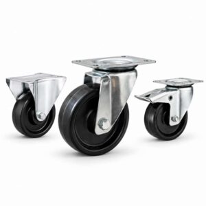 three casters with black wheel in top-plate rigid, swivel and swivel with brake configurations and silver color metal bracket.