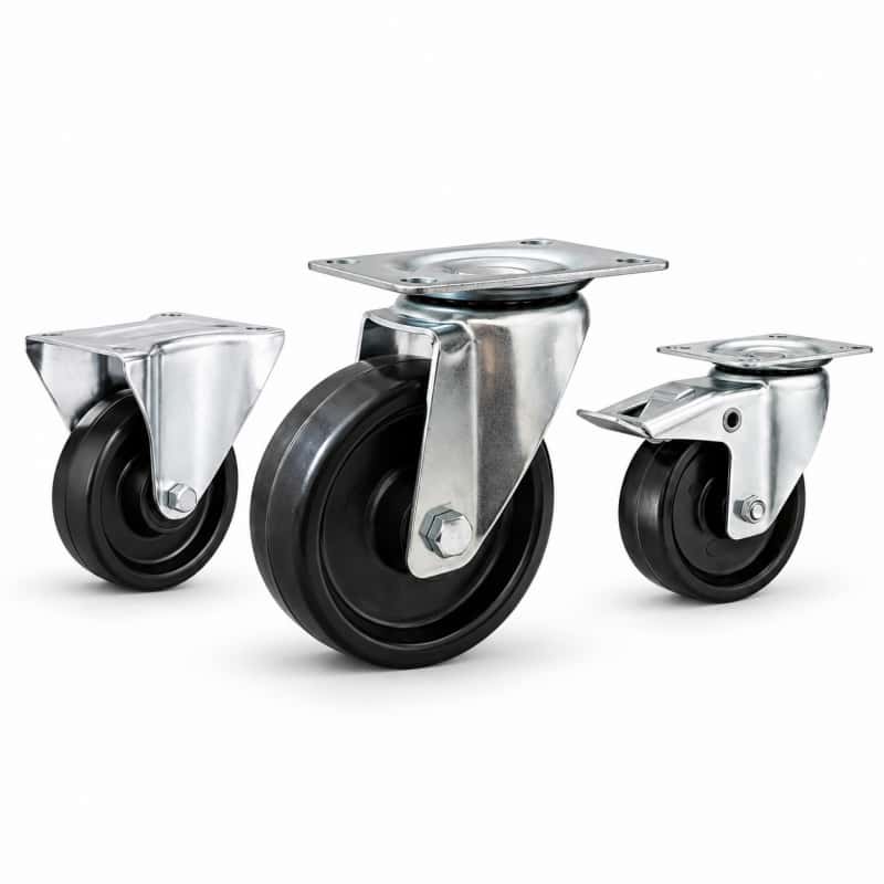 three casters with black wheel in top-plate rigid, swivel and swivel with brake configurations and silver color metal bracket.