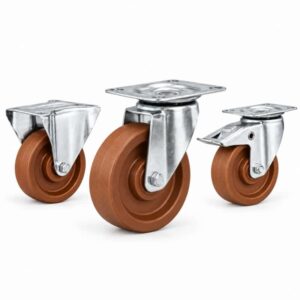 three casters with brown wheel in top-plate rigid, swivel and swivel with brake configurations and silver color metal bracket.