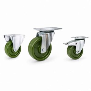 three casters with green wheel in top-plate rigid, swivel and swivel with brake configurations and silver color metal bracket.