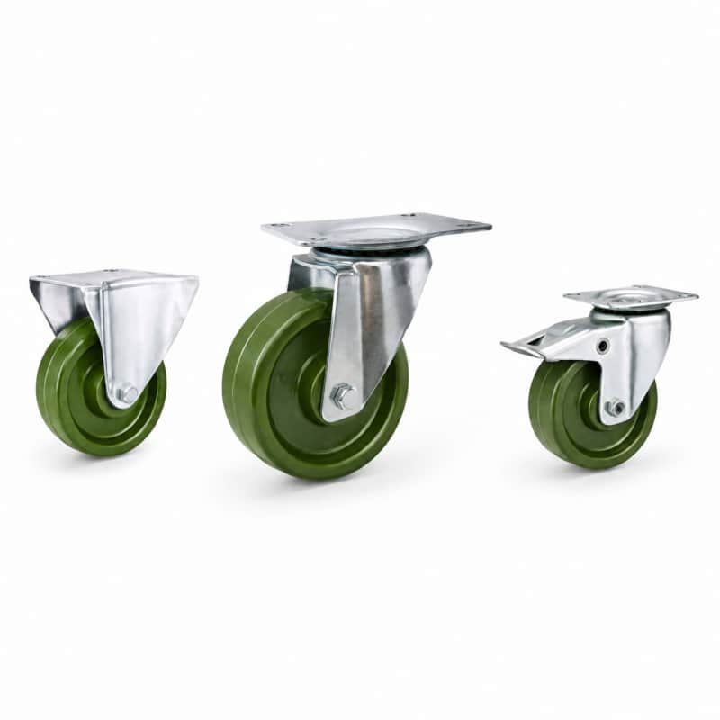 three casters with green wheel in top-plate rigid, swivel and swivel with brake configurations and silver color metal bracket.
