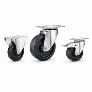 three casters with black wheel in top-plate rigid, swivel and swivel with brake configurations and silver color metal bracket.