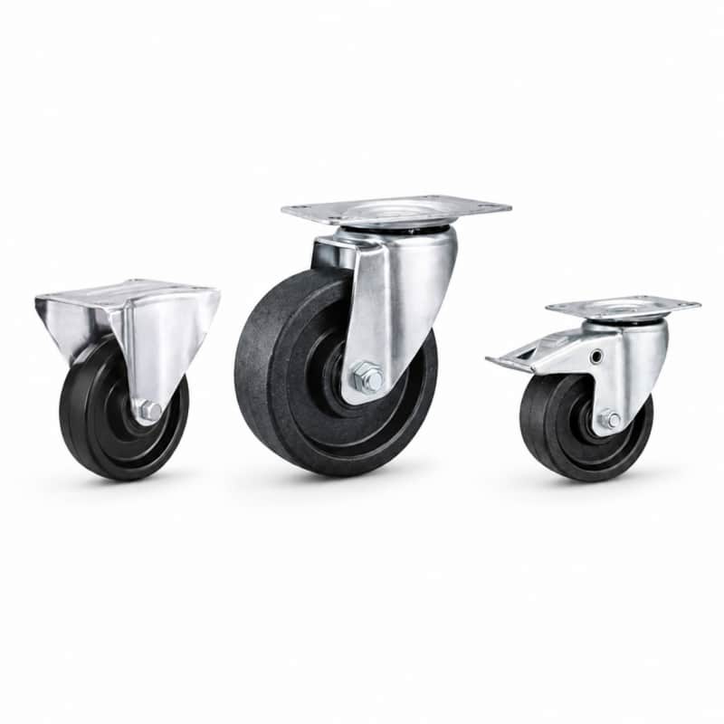 three casters with black wheel in top-plate rigid, swivel and swivel with brake configurations and silver color metal bracket.