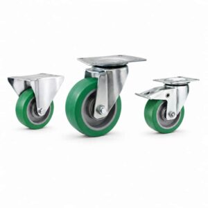 three casters with green tread silver core wheel in top-plate rigid, swivel and swivel with brake configurations and silver color metal bracket.