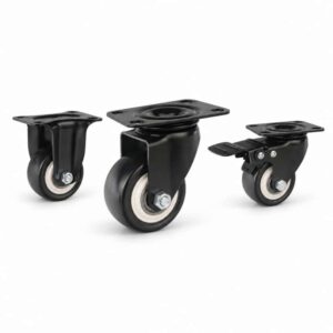 Three light-duty casters with black wheel and black bracket in swivel, rigid and swivel with brake configuration.