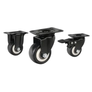Medium-duty casters with orange tread in black painted bracker and rigid, swivel and swivel with brake configurations.
