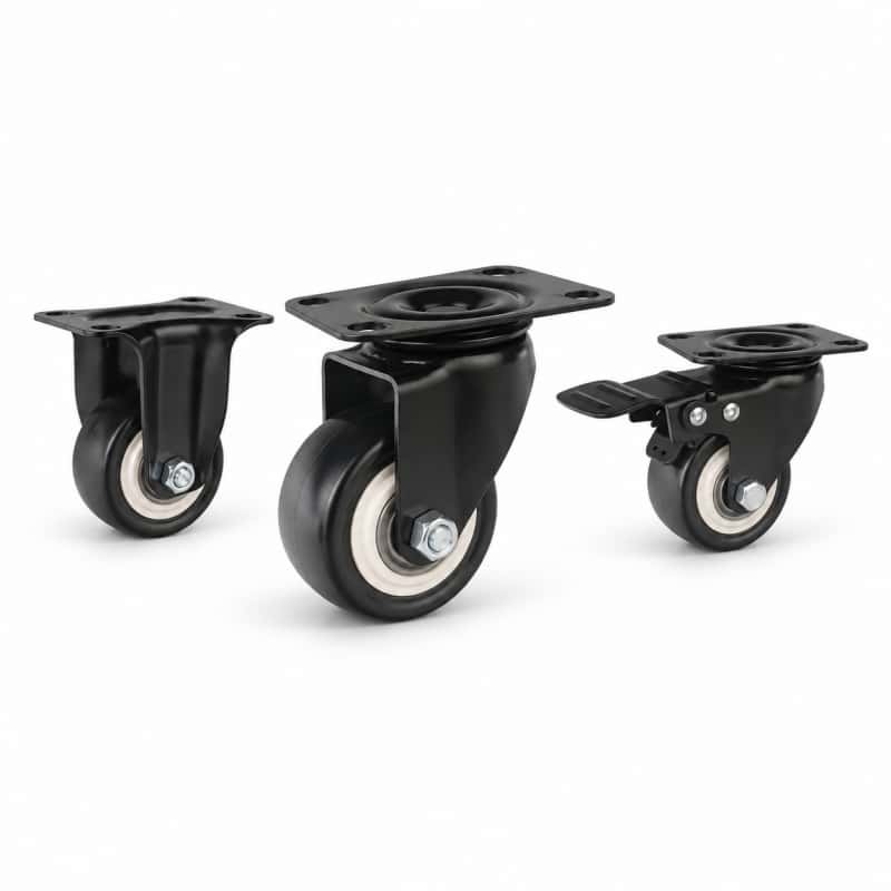 Three light-duty casters with black wheel and black bracket in swivel, rigid and swivel with brake configuration.