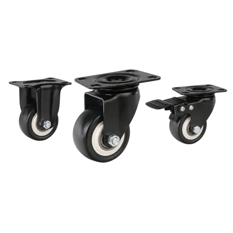 Medium-duty casters with orange tread in black painted bracker and rigid, swivel and swivel with brake configurations.