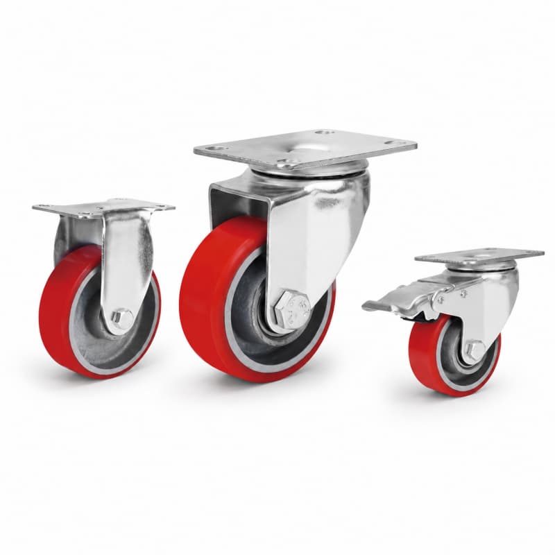 three medium-duty casters with red wheel in rigid, swivel and swivel with brake configurations.