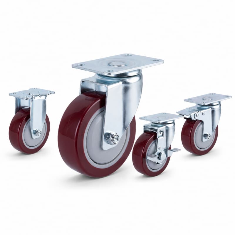 three medium-duty casters with red tread grey core wheel in rigid, swivel and swivel with brake configurations.
