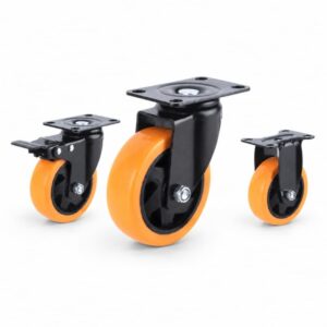three medium-duty casters with orange tread black core wheel in rigid, swivel and swivel with brake configurations.