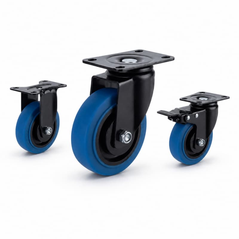 three medium-duty casters with blue tread black core wheel in rigid, swivel and swivel with brake configurations.