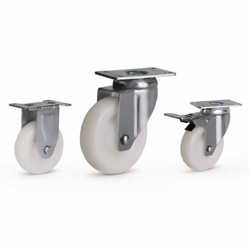 three medium-duty casters with white wheel in rigid, swivel and swivel with brake configurations.