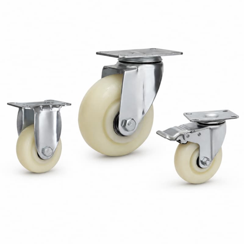 three medium-duty casters with white wheel in rigid, swivel and swivel with brake configurations.