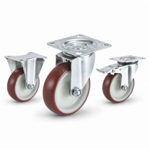 medium duty european-style casters with red and blue tread wheels in top-plate rigid, swivel and swivel with brake configurations