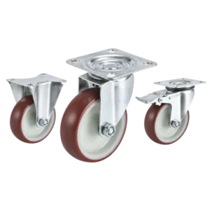 Three casters with red tread white core wheels in top-plate rigid, swivel and swivel with brake configurations.