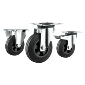 Three casters with black rubber tread black plastic core wheels in top-plate rigid, swivel and swivel with brake configurations.