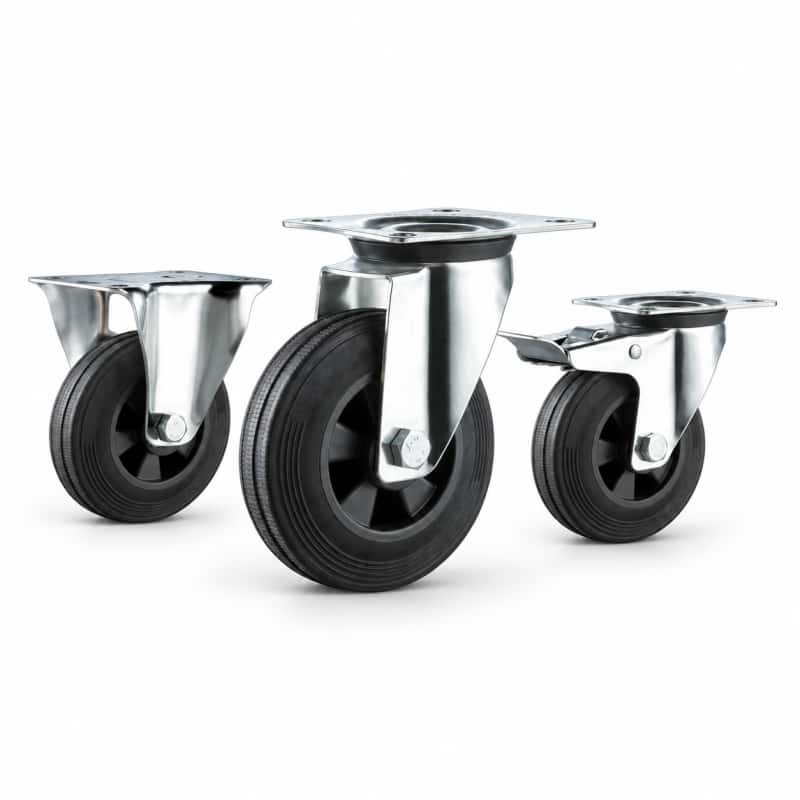 Three casters with black rubber tread black plastic core wheels in top-plate rigid, swivel and swivel with brake configurations.