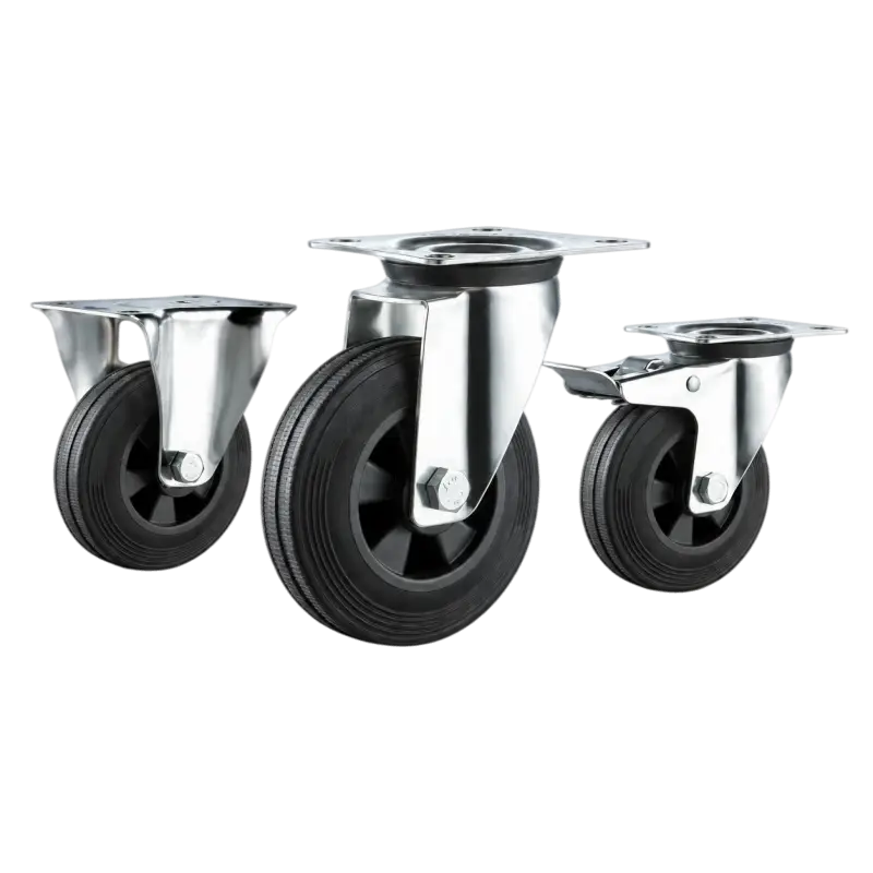 Three casters with black rubber tread black plastic core wheels in top-plate rigid, swivel and swivel with brake configurations.