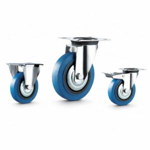 medium duty european-style casters with blue color rubber wheels in rigid, swivel and swivel with brake top-plate configurations