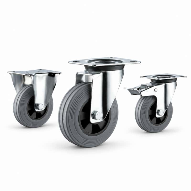Three casters with grey rubber tread black plastic core wheels in top-plate rigid, swivel and swivel with brake configurations.